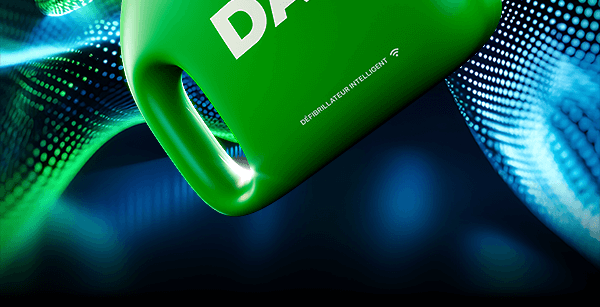 Image d'arrière plan moderne  et futuriste, mettant en avant le côté intelligent du  défibrillateur situé au dessus.